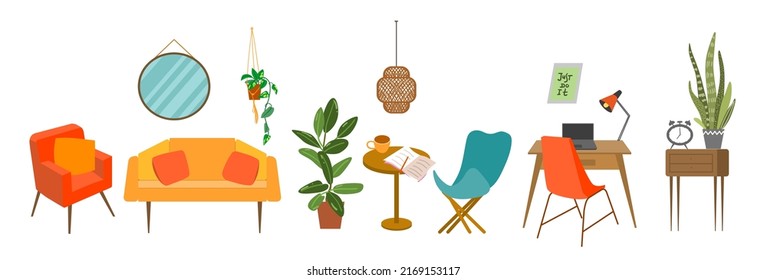 Innenvektorgrafik. Gemütliches, niedliches Zimmer mit Pflanzen. Möbelset.