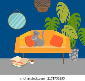 Interior vector illustration. Cozy cute room with plants. Living room.
