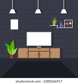 Interior vector layout sample living room. TV, table, flowerpot, book, vase and lamp. Beautiful brick wall.