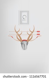 Interior vector,Illustration.longbow and arrow on Antler Mount and frame stick on wall house.Bow and arrow is weapon of eastern warrior.