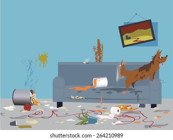 Interior Of A Very Messy Room, Turned Upside Down By An Energetic Happy Dog, Sitting On A Torn Dirty Couch, Vector Illustration, No Transparencies, EPS 8 