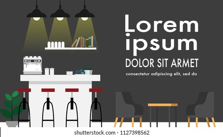 Interior view of cafe in black and white color tone style with counter bar,bar chair,coffee machine,book selves ,resting chair and table with tree in pot and copy space for your text on the wall