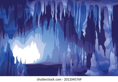 Interior view of cave entrance with spectacular stalactites and stalagmites formations in blue grey hues vector illustration 