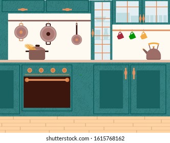 Interior view of cooking place with boiling spaghetti on stove. Teapot on wooden furniture, steel pot and cup on wall. Kitchen nobody room with oven appliance and dish objects, glass cupboard vector