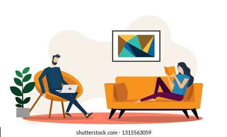 Interior view inside the living room with a woman lay down and reading the book on the orange sofa and a man sitting with his laptop- internet wallpaper design