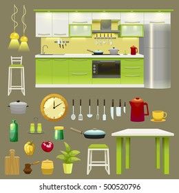 Interior view and isolated kitchen equipment icons set with furniture table chair pots and pans vector illustration