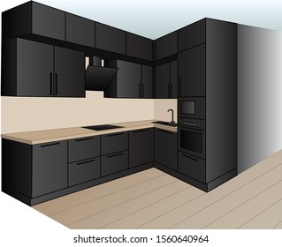 Interior view of modern black kitchen with wood countertop and deep upper lockers 