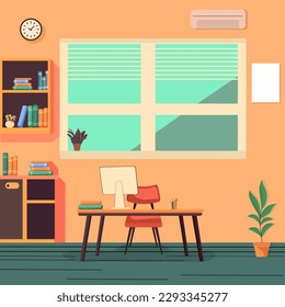 Vista interior de Office o sala de estudio con objetos de mobiliario necesarios.