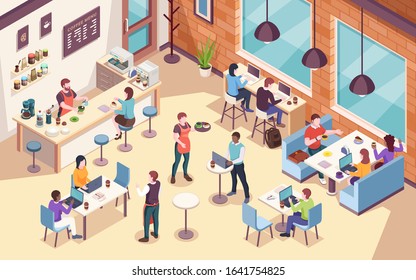 Interior View On People Working And Having Lunch At Cafe Or Cafeteria, Work Or Job Coffee Meeting. Isometric View Of Dining Room For Office Coworkers. Businessman And Businesswoman Workplace