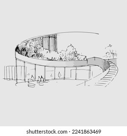 Interior view. Pen drawing sketch with black and white pencil interior design. Vector sketch.