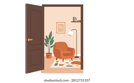 Interior view through an open door into a cozy living space featuring a comfortable armchair, standing lamp, and bookshelf.
