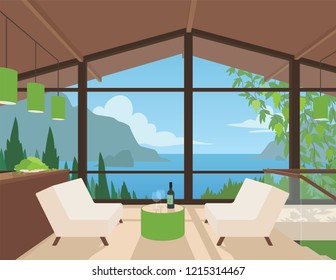 Interior of villa with panoramic window. View from cozy living room to seaside landscape. Vector illustration of resort apartment with two armchairs, coffee table with wine bottle and wineglasses.
