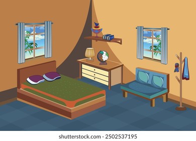 El interior de la casa de pueblo con muebles bien decorados realza el atractivo estético. Diseño de fondo ideal para la animación para dar vida a historias rurales