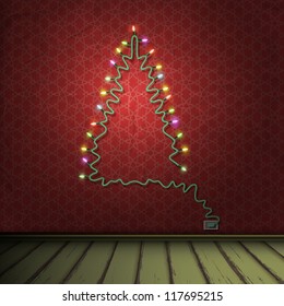 Interior of vintage room with Christmas tree formed garland lights. Vector eps10