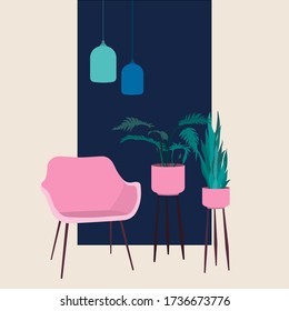 Interior wall concept.Blue background.Pink armchair in the art Nouveau style, flower pot stand, potted plant.Hanging lamps with a shade