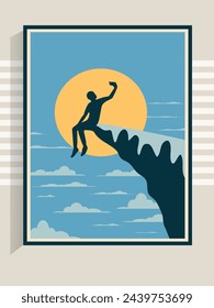 decoración de la pared interior, hombre sentado solo en el borde del acantilado - montaña, tomando selfie, viaje de vacaciones, destino de ensueño, ilustración vectorial plana mínima