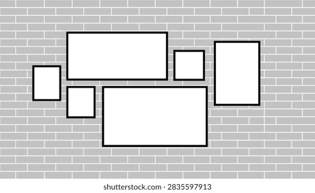 Interior wall display featuring several blank black picture frames of different sizes arranged on a grey brick background.