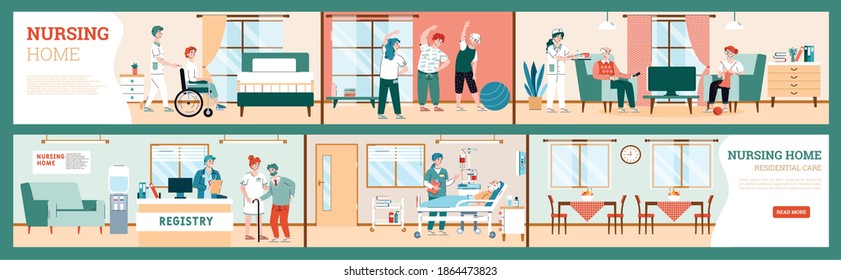 Interior of wards and living rooms of nursing home. Residential care for elderly retired people, medical help senior. Gerontology patient with doctors or nurses. Vector illustration
