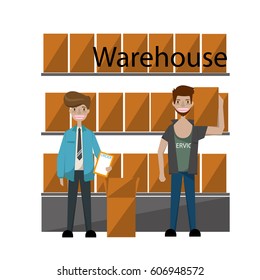 Interior of warehouse. Rows of shelves with boxes. Salesman  looking up order details.Vector/Illustration