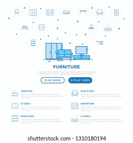 Interior web page template with thin line icons of furniture: sofa, armchair, wardrobe, chair, table, bookcase, bad, clothes rack, desk, wall shelves. Vector illustration.