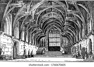 Interior of Westminster Hall which is a historical building in London, vintage line drawing or engraving illustration.