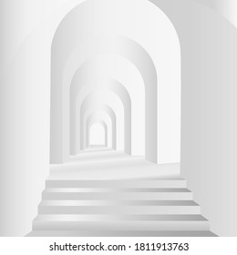 The interior is white. Background. Staircase with arches.