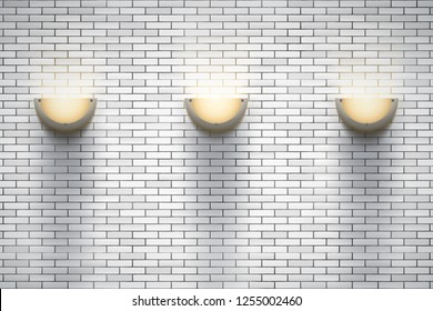 Interior of white brick wall with sconce lamps. Vintage loft room and fashion interior. Vector Illustration