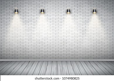 Interior of White brick wall with vintage spotlights and wooden floor. Vintage Rural room and fashion interior. Grunge Industrial Texture. Background of loft and trendy showroom or cafe. Vector.