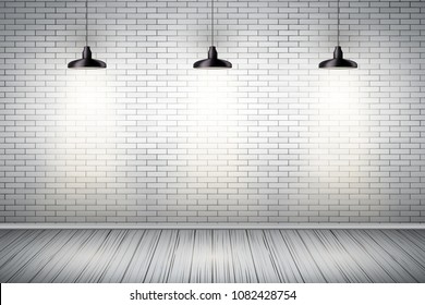 Interior of White brick wall with vintage pendant lamps and wooden floor. Vintage Rural room and fashion interior. Grunge Industrial Texture. Background of loft and trendy showroom or cafe. Vector.