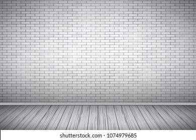 Interior of White brick wall and wooden floor. Vintage Rural room and fashion interior. Grunge Industrial Texture. Background of loft and trendy showroom or cafe. Vector Illustration.