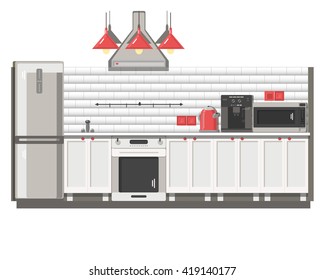 Interior of a white contemporary kitchen. Vector illustration, background, poster, banner, advertisement. 