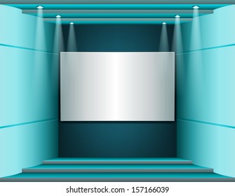 Interior with a white screen, lighting and stages