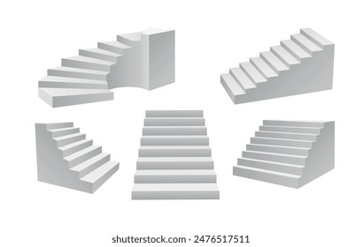 Weiße Innentreppe. 3D-Treppen Verschiedene Ansichtsarchitektur setzen isolierte Vektorillustration