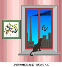 Interior with window, cat, butterfly, painting on  wall and factory outside window