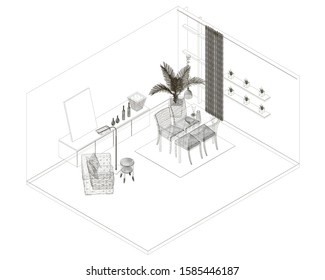 Interior wireframe made of lines Isolated on a white background. View isometric. 3D. Vector illustration