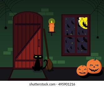 The interior of the witch house with broom, candle, pumpkins and black cat, decorated for Halloween. Old front door made of wood, night window view with bats and full moon. Vector illustration.