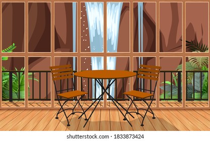interior of wooden resort with waterfall background