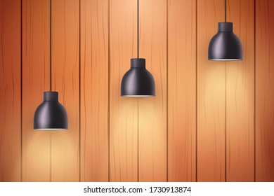 Interior of wooden wall with vintage pedant lamps. Concept of trendy interior. Background of loft or showroom. Vector Illustration