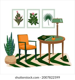 Interior of work cabinet in botanical green style. Vector vintage cozy room with furniture, chair, table, houseplant, carpet, posters, desk. Interior, inside in flat cartoon style