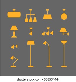 Interior and work lamp types icons in orange