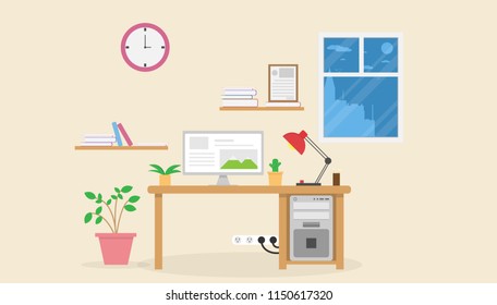 interior work place design with computer and accessory design.vector and illustration