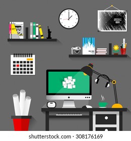 Interior of working place concept in flat design