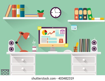 interior of working place concept in flat design. Office or freelance work concept illustration. Vector