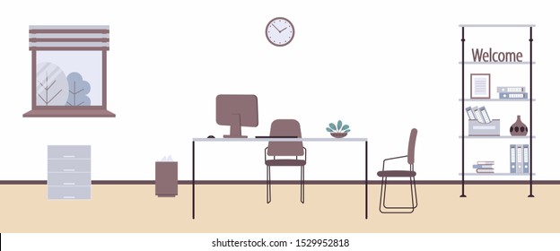 Interior del lugar de trabajo en la oficina estilo loft. Ilustración vectorial. Mobiliario: tabla, silla, librería con carpetas, libros y caja.Reloj de pared,Planta,ventana,bin. Para publicidad, sitios