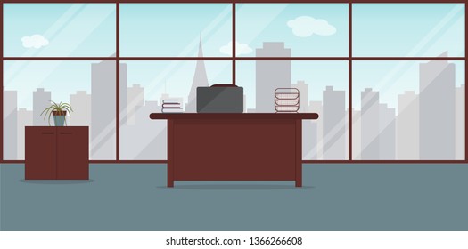 Interior of working place in the modern office.Large window with city landscape with skyscrapers.Vector illustration. Furniture: table, chair, cabinet,paper tray,books,plant. For advertising,sites