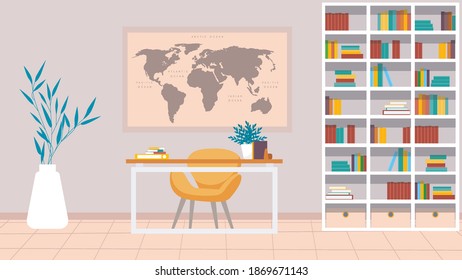 Interior of working place in the office or house on the light grey background. Vector illustration. Furniture: table, chair, cabinet with folders and books.Wall map and plants. For advertising, sites