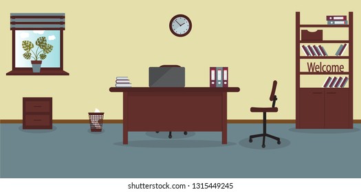 Inneneinrichtung des Arbeitsortes im Büro auf hellligem Hintergrund. 