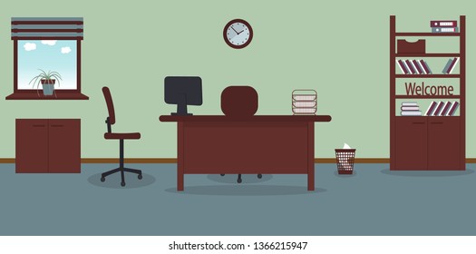 Interior of working place in the office on the light green background. Vector illustration.Furniture: table, chair, cabinet with folders and books.Wall clock,plant,window,bin. For advertising,sites