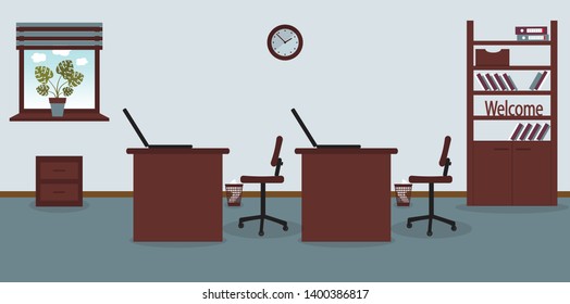 Interior of working place in the office on the light blue background. Vector illustration. Furniture: table, chair, cabinet with folders and books. 