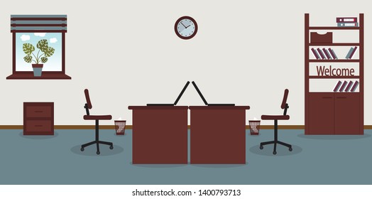 Interior of working place in the office on the light grey background. Vector illustration. Furniture: table, chair, cabinet with folders and books.Wall clock,monstera,window,bin. For advertising,sites